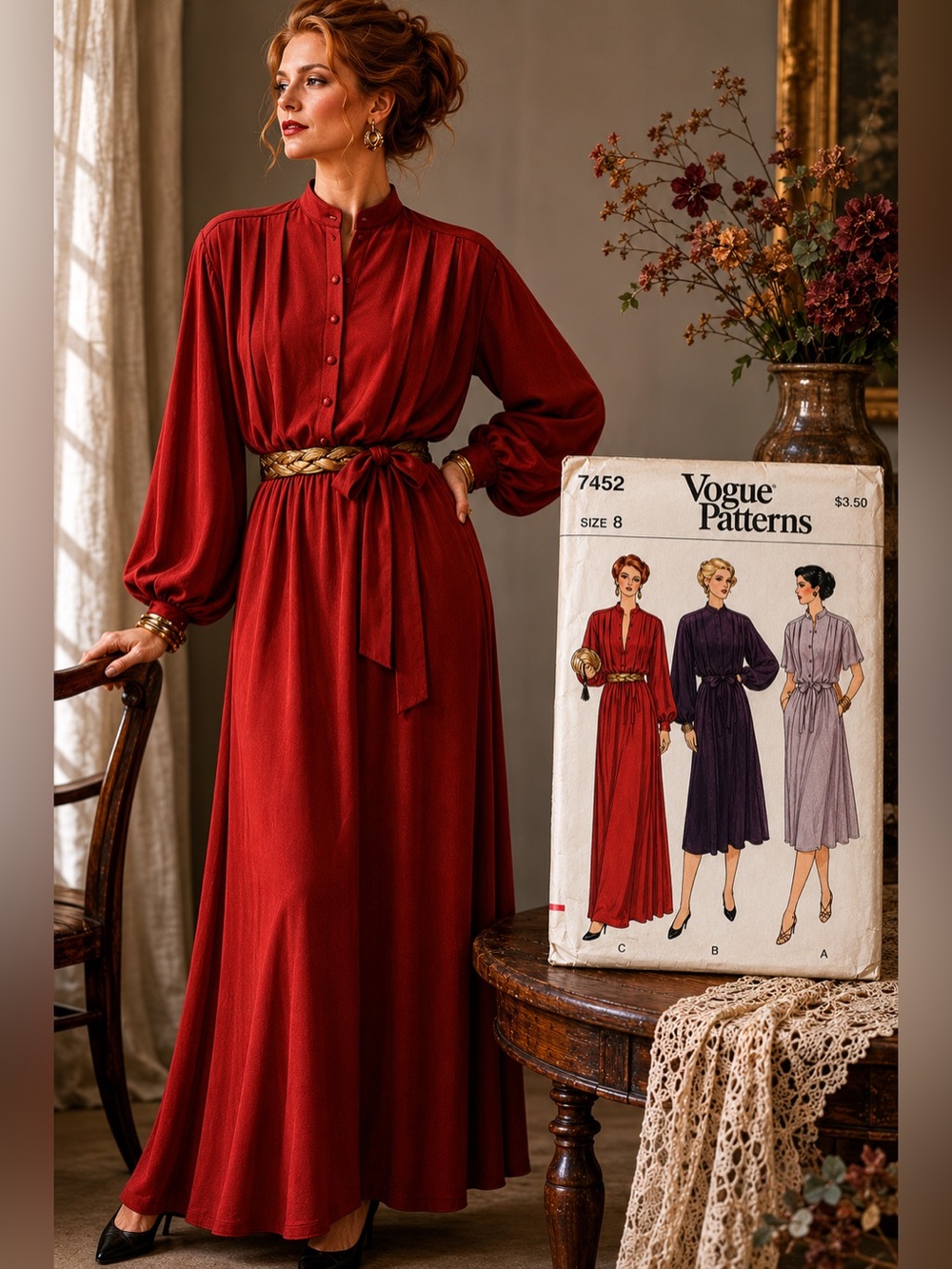 VOGUE Pattern 7452 Dress 8 Maxi Midi Blouson Bishop Sleeve Glam Romantic Luxury